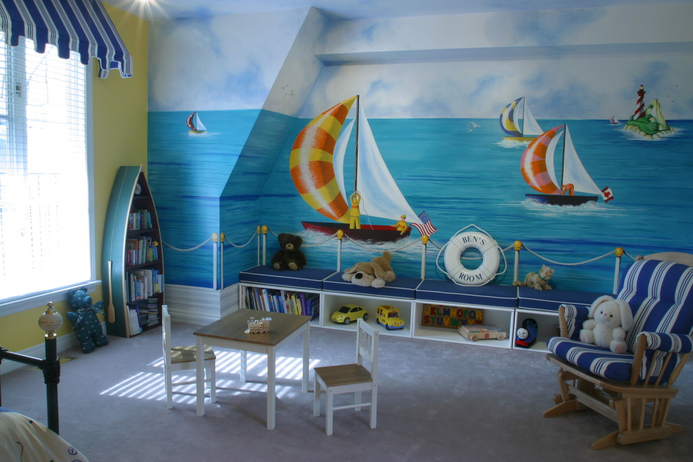 Mid-sized traditional kids' bedroom in Toronto with carpet and multi-coloured walls for kids 4-10 years old and boys.