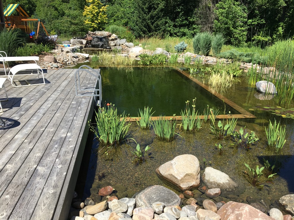 Small country backyard custom-shaped natural pool in Toronto with decking.