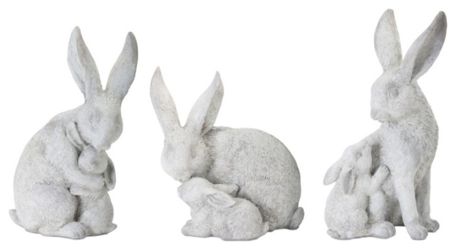 Rabbit With Bunny, 6-Piece Set, 4.5"H, 5.5"H, 6"H Resin/Stone Powder