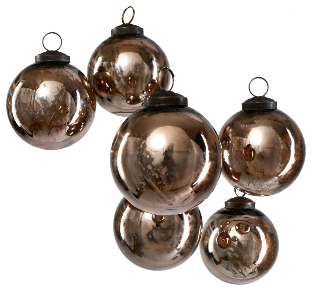 Set of 6 Antique Bronze Glass Ball Ornament in Window Box, 4"x3
