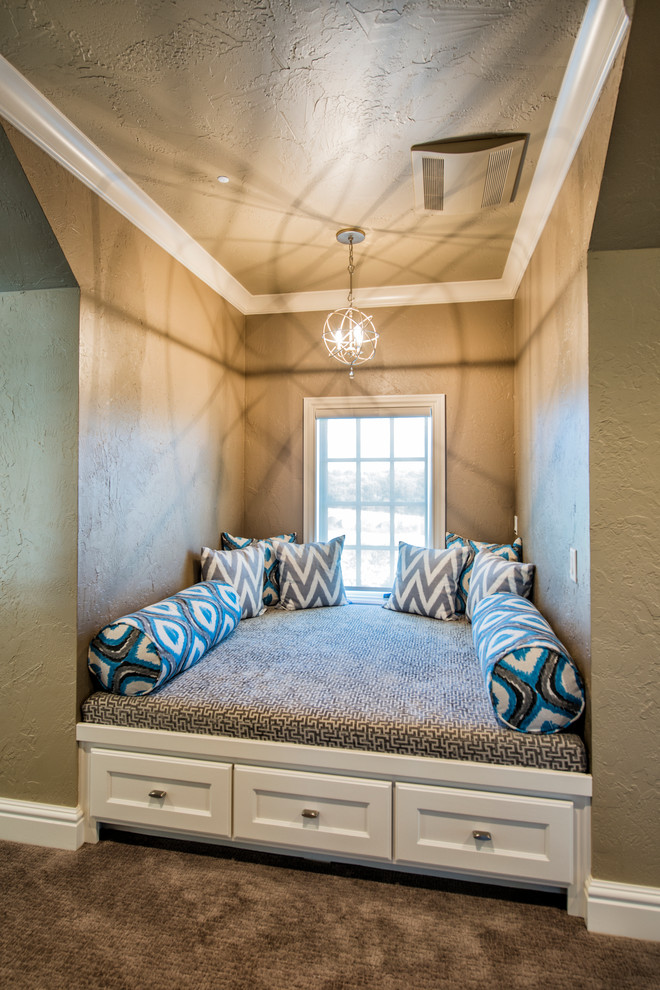 Example of a large transitional carpeted hallway design with beige walls