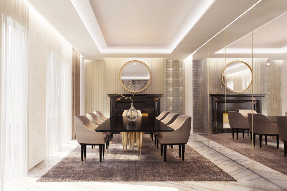 This is an example of a medium sized modern enclosed dining room in London with beige walls, marble flooring, a standard fireplace, a stone fireplace surround, white floors, a coffered ceiling, panelled walls and a feature wall.