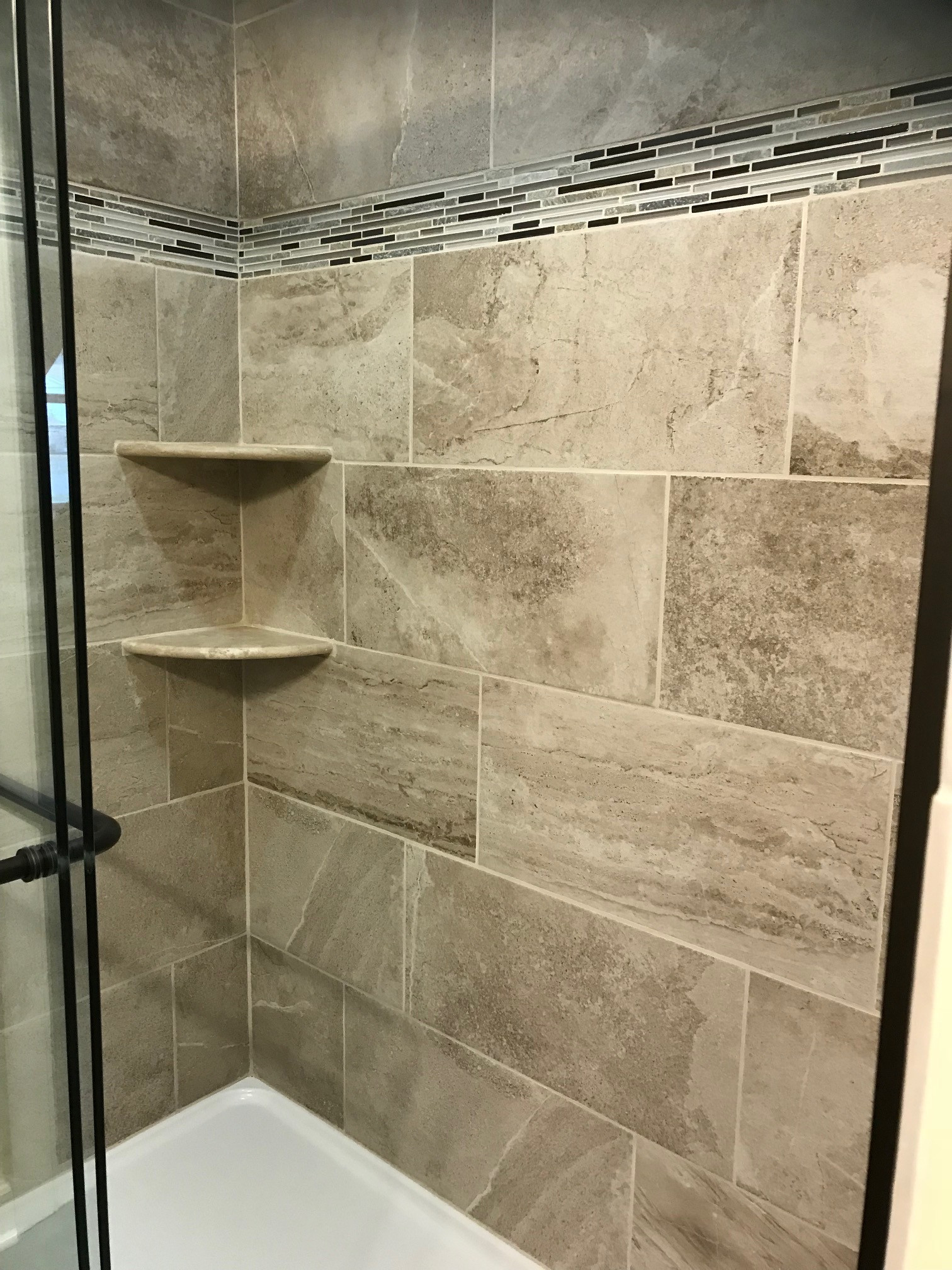 Custom  Ceramic Tile Shower with tile design & shelves