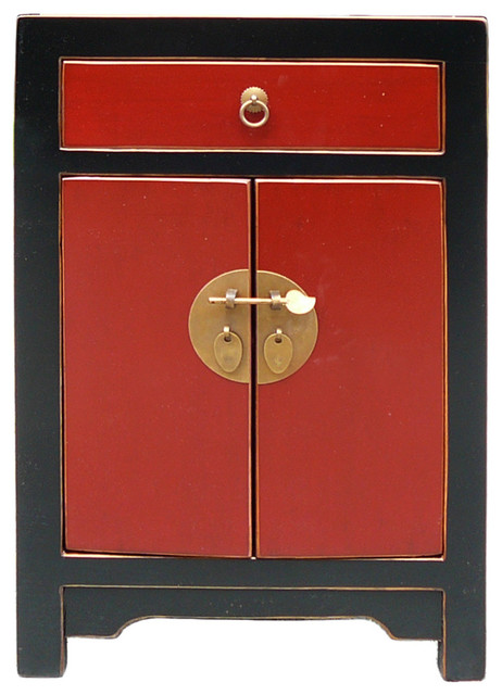 Consigned Chinese Black and Red Round Moon Face End Table Nightstand