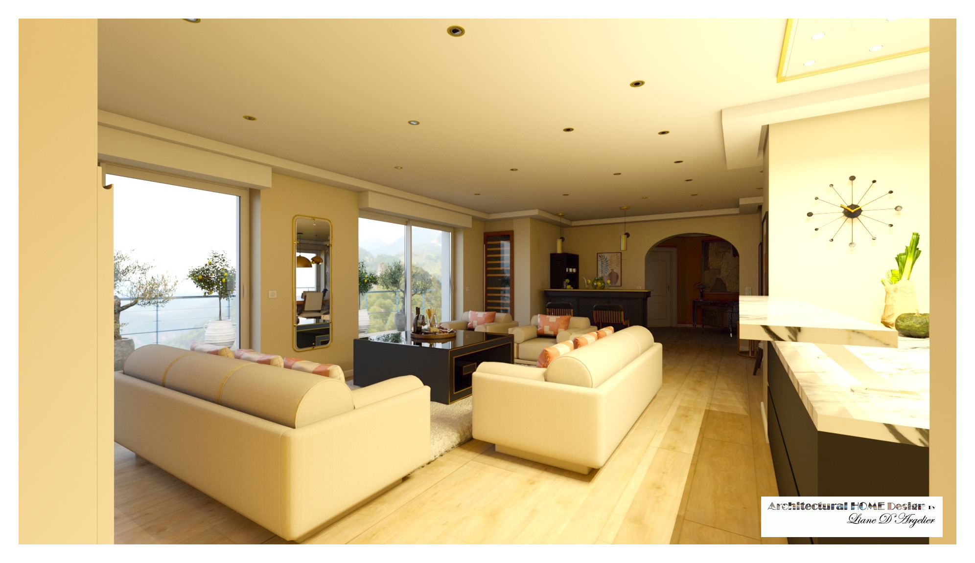 Living 60 m² chic avec cuisine ouverte.