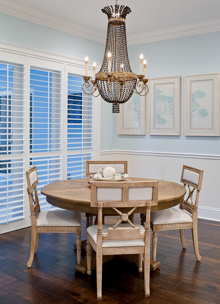 This is an example of a tropical dining room in Miami with blue walls and dark hardwood floors.