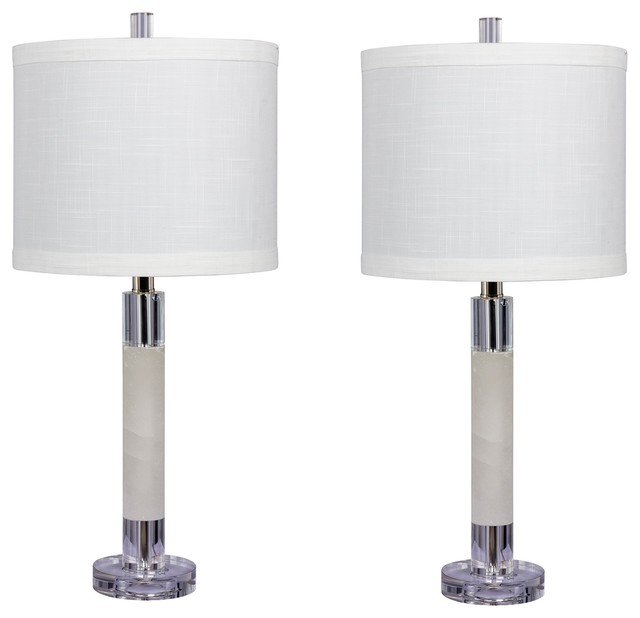 Smooth Column Table Lamps, Clear Crystal & Snow Marble, Set of 2, 26"