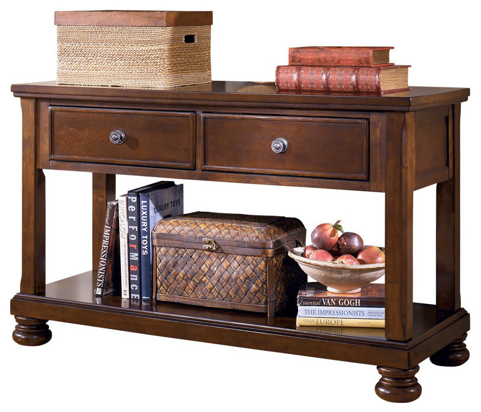 Ashley Console Sofa Table Porter, Rustic Brown Traditional Console