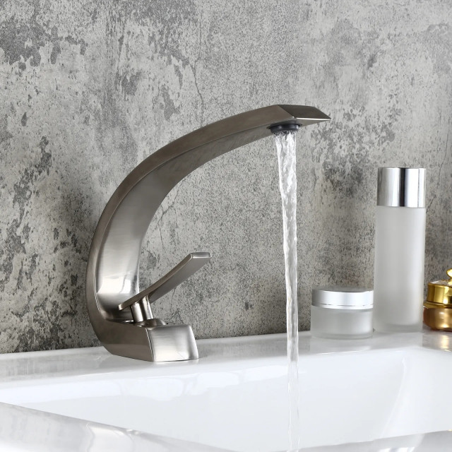 Single Hole 1-Handle Bathroom Sink Faucet Curved Spout with Pop Up ...