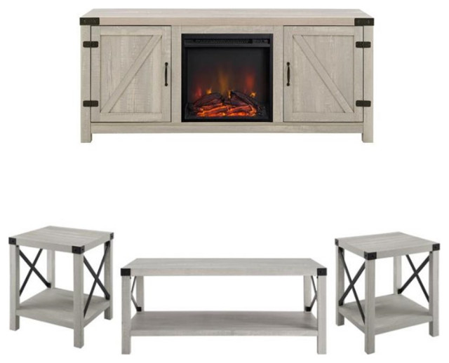 Farmhouse Fireplace TV Stand with Coffee Table and 2 End Table Set in