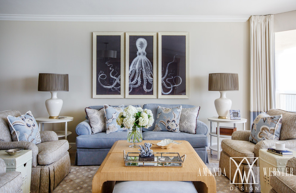 Inspiration for a beach style formal open concept living room in Jacksonville with white walls.