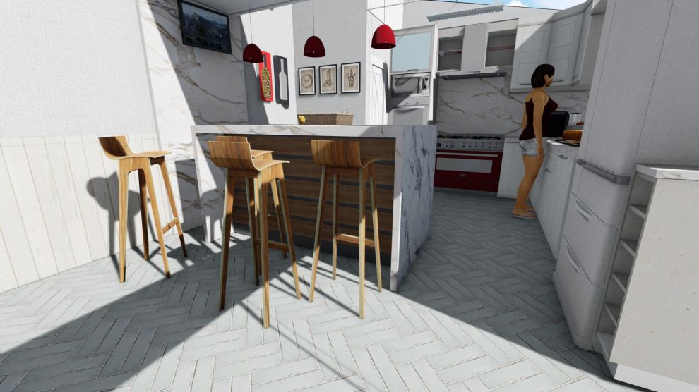 Inspiration for a small contemporary l-shaped vinyl floor, gray floor and tray ceiling kitchen pantry remodel with a double-bowl sink, white cabinets, granite countertops, white backsplash, granite backsplash, white appliances, an island and white countertops