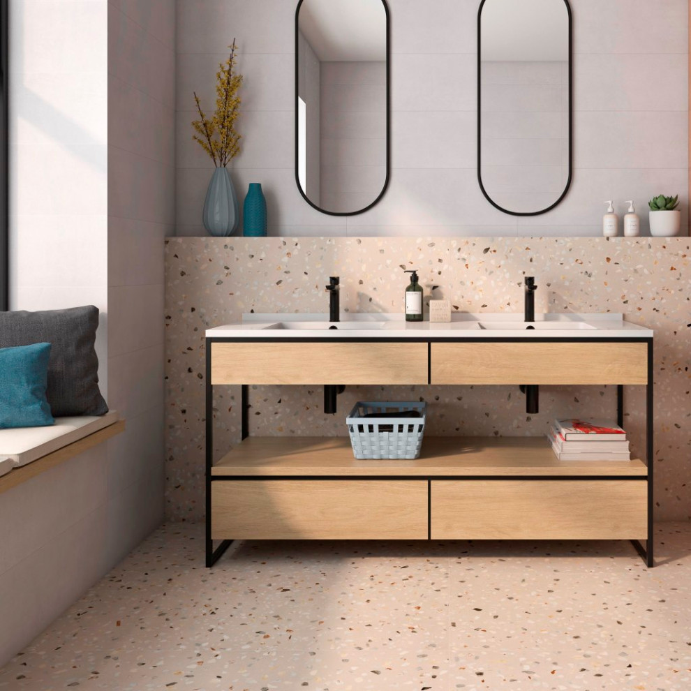 Inspiration för ett mycket stort badrum, med beige kakel, porslinskakel, beige väggar, klinkergolv i porslin och beiget golv