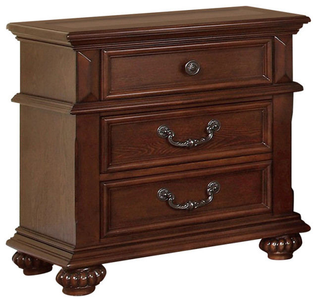 3 Drawer Wooden Nightstand with Bun Feet and Antique Metal Handles