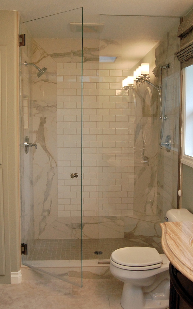Photo of a traditional bathroom in Other with subway tile.