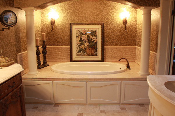 Large master ceramic tile drop-in bathtub photo in Houston with a one-piece toilet