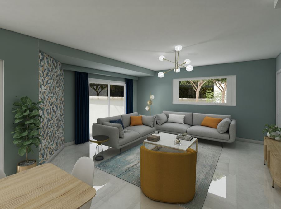 Idée de décoration pour un salon nordique ouvert et de taille moyenne avec aucune cheminée, un téléviseur fixé au mur, un sol gris, un mur bleu, un sol en carrelage de céramique et du papier peint.