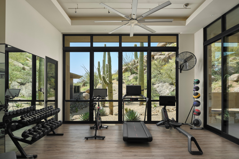 Design ideas for a large contemporary multi-use home gym in Phoenix with white walls, beige floors and a vaulted ceiling.