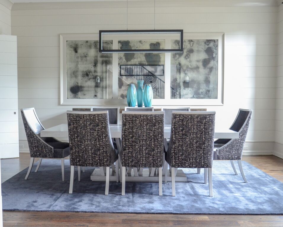 Photo of a mid-sized contemporary separate dining room in Atlanta with white walls, dark hardwood floors and no fireplace.