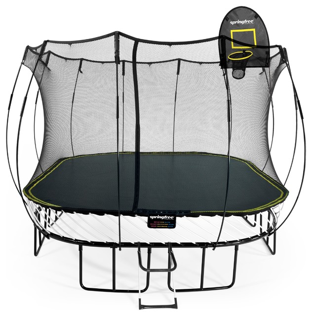 Springfree Trampoline, 11' Large Square With Basketball Hoop and Ladder ...