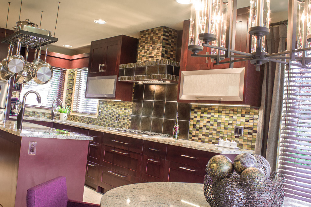 Inspiration for a contemporary ceramic tile kitchen remodel with a double-bowl sink, shaker cabinets, dark wood cabinets, granite countertops, multicolored backsplash, glass tile backsplash, paneled appliances and an island