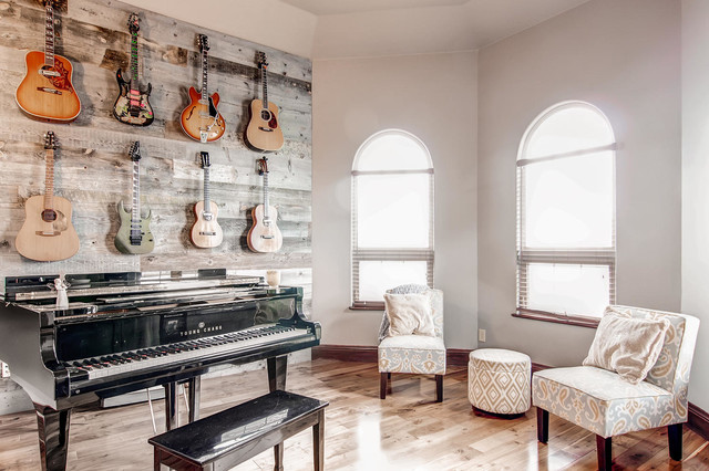 Music Room - Guitar Wall Piano Room - Rustic - Home Office ...