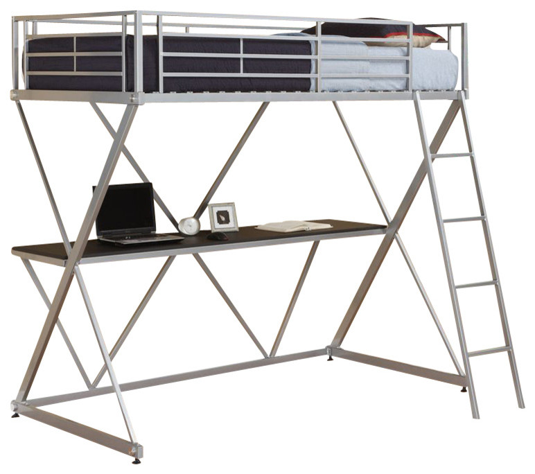 DHP X Shaped Metal Twin Loft Bed with Desk in Silver