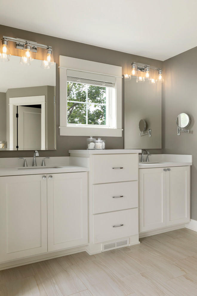 Example of a mid-sized trendy master gray tile and ceramic tile double-sink bathroom design in Minneapolis with shaker cabinets, white cabinets, an undermount sink, quartzite countertops, white countertops and a built-in vanity