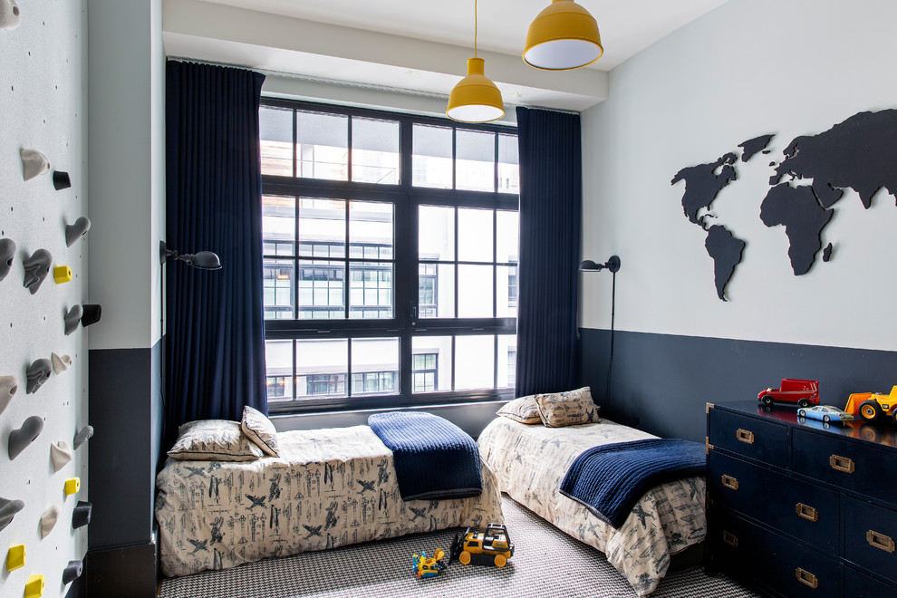 Design ideas for an eclectic kids' bedroom for kids 4-10 years old and boys in New York with multi-coloured walls.
