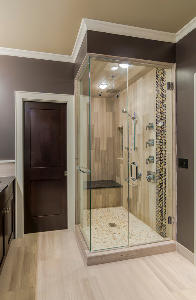 Design ideas for a mid-sized traditional master bathroom in Minneapolis with shaker cabinets, dark wood cabinets, engineered quartz benchtops, an open shower, gray tile, porcelain tile, grey walls and porcelain floors.