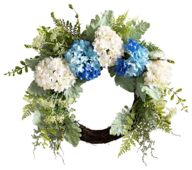 Blue and White Faux Hydrangea Wreath with Greenery by Plow & Hearth
