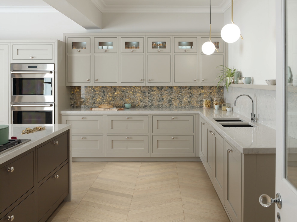 Design ideas for a mid-sized contemporary kitchen in Other with recessed-panel cabinets and a peninsula.