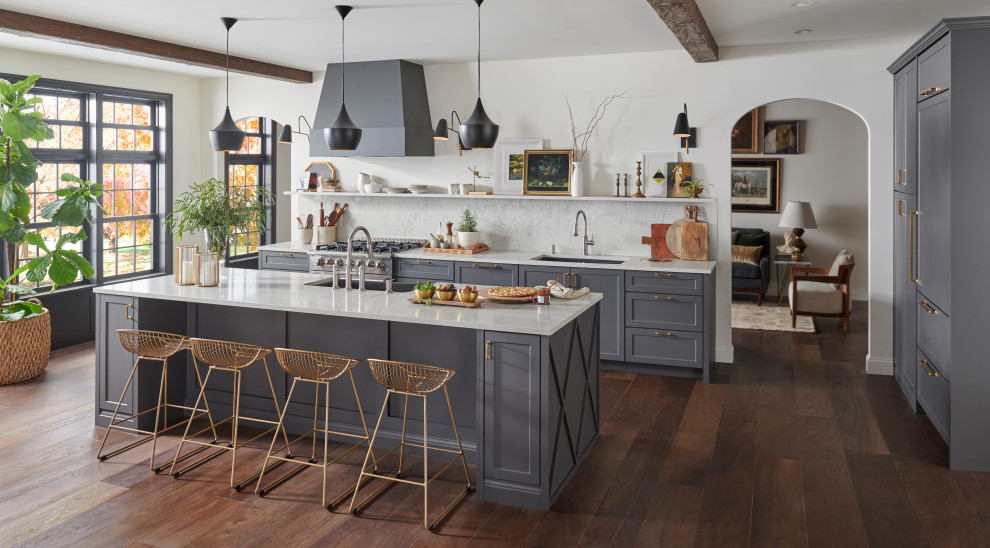 Eat-in kitchen - transitional single-wall brown floor and exposed beam eat-in kitchen idea with a drop-in sink, shaker cabinets, gray cabinets, white backsplash, stone slab backsplash, an island and white countertops