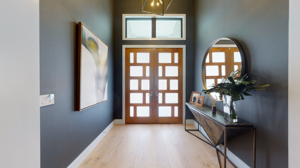 Ispirazione per una porta d'ingresso design con una porta a due ante e una porta in legno chiaro