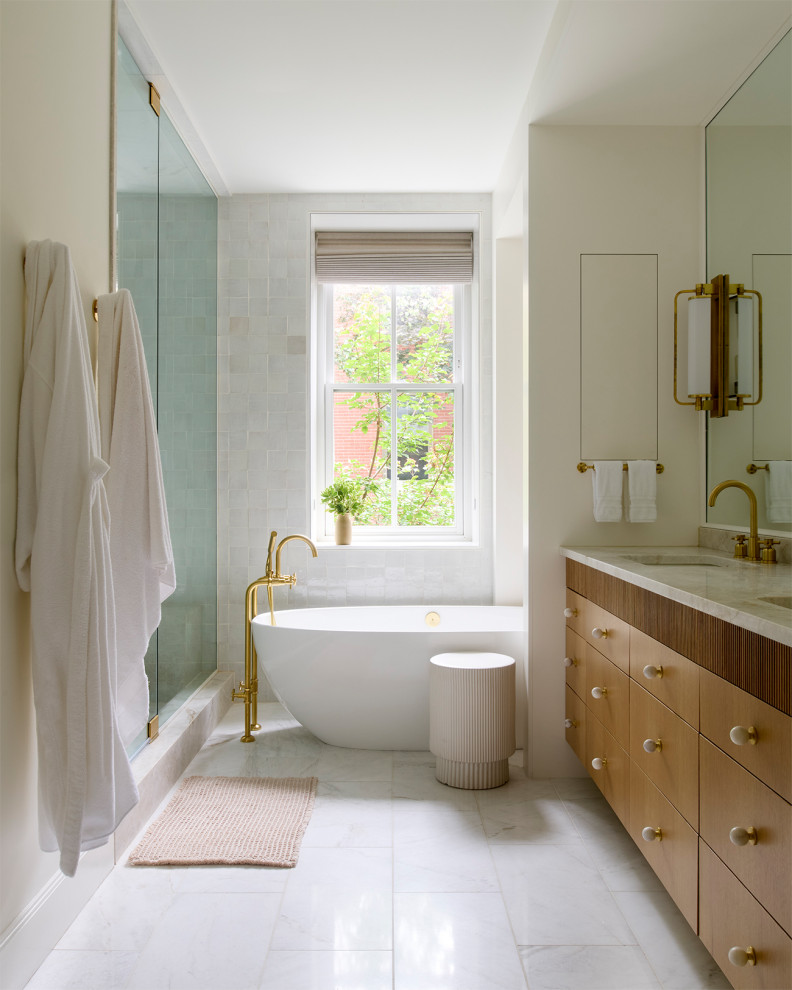 Inspiration for a large transitional master white tile marble floor, white floor and double-sink bathroom remodel in Philadelphia with flat-panel cabinets, marble countertops, white countertops, a built-in vanity, medium tone wood cabinets, beige walls and an undermount sink