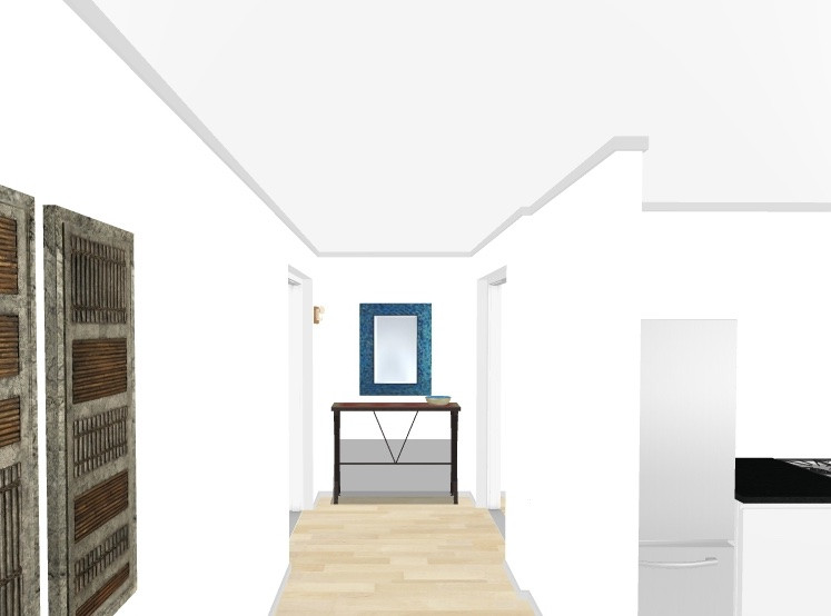 Ejemplo de hall costero pequeño con paredes blancas, suelo vinílico, puerta simple y puerta blanca