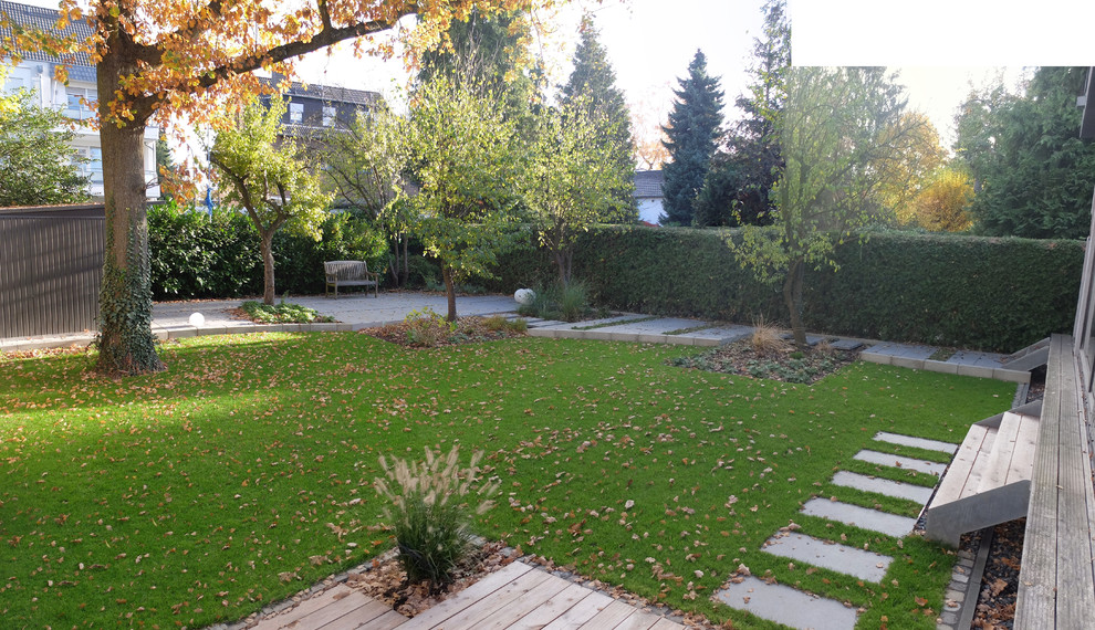 Geometrischer, Kleiner, Halbschattiger Moderner Gartenweg im Herbst, neben dem Haus mit Betonboden in Bonn