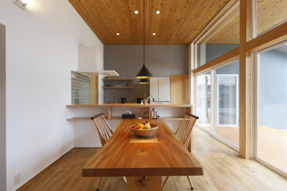 Idee per una sala da pranzo minimal con pareti bianche, pavimento in legno massello medio, stufa a legna, soffitto in legno e cornice del camino in pietra