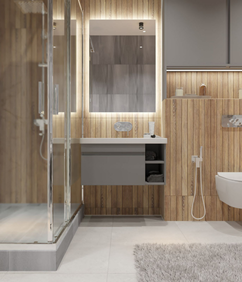 Inspiration for a small contemporary shower room bathroom in Other with a corner shower, a wall mounted toilet, beige tiles, beige walls, ceramic flooring, grey floors and a single sink.