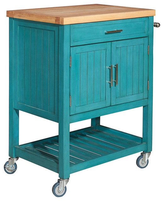 Wooden Kitchen Cart with Plank Style Open Shelf and Casters, Teal Blue