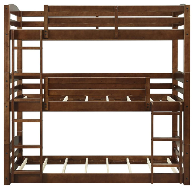 Transitional Triple Bunk Bed, Hardwood Construction With Mocha Finish, Twin Size