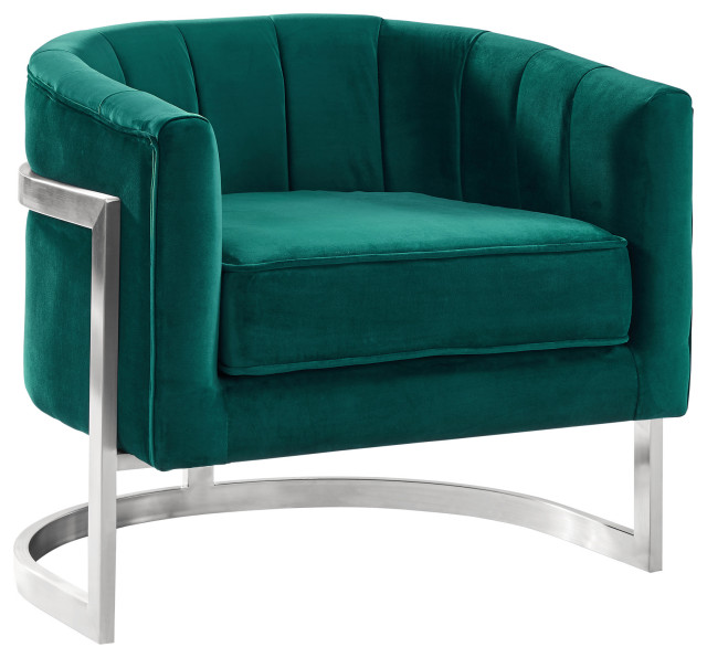 Kamila Accent Chair, Green Velvet and Brushed Stainless Steel Finish