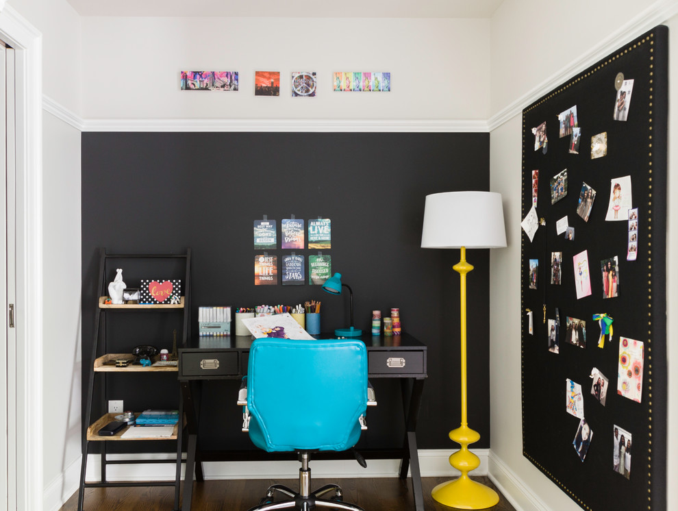 Transitional kids' study room in New York with dark hardwood floors, brown floor and white walls.