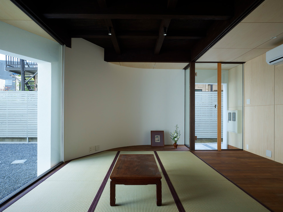 Asian family room in Tokyo with multi-coloured walls, tatami floors and green floor.