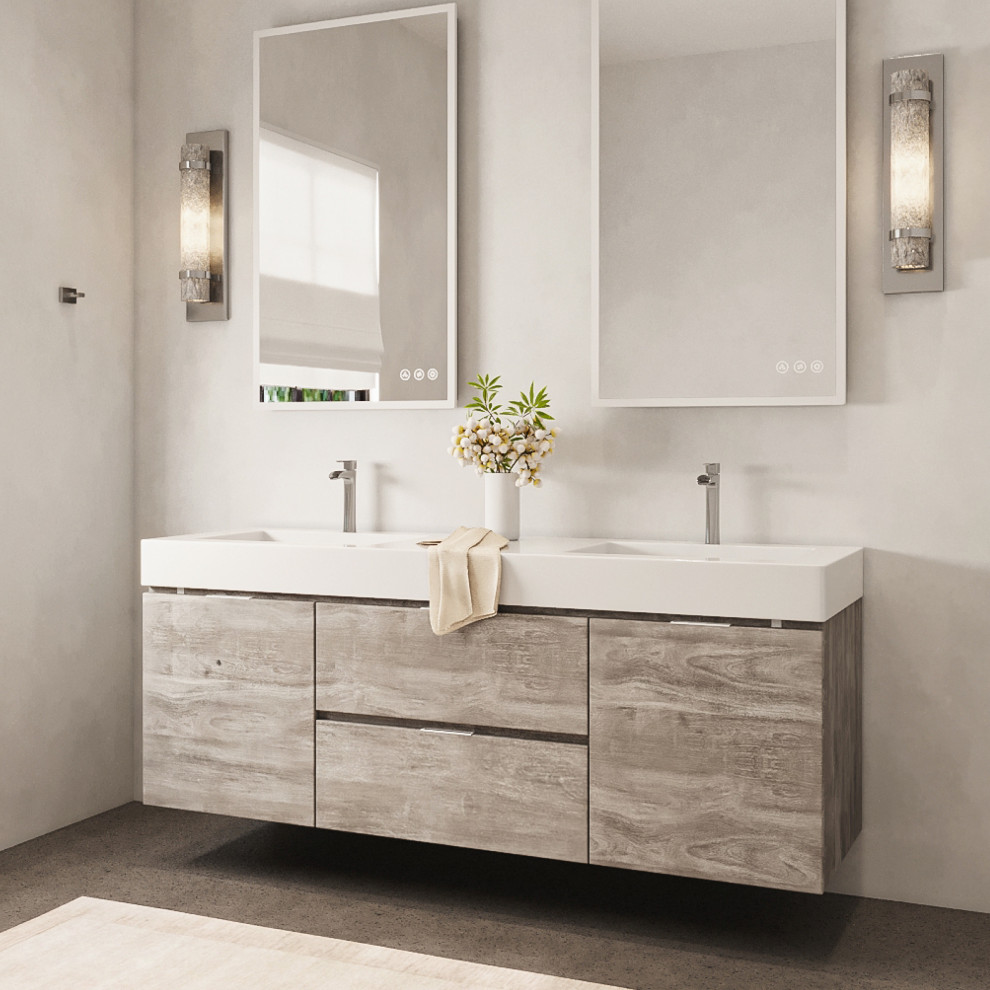 Boutique Bath Vanity, Natural Wood, 60", Double Sink, Wall Mount