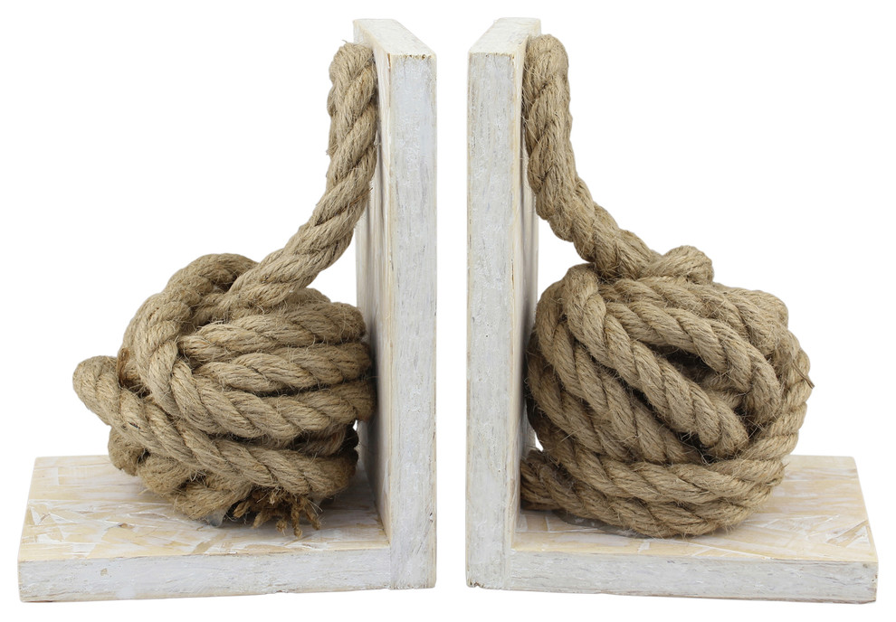 White Wood Bookends With Natural Rope Knots, Set of 2