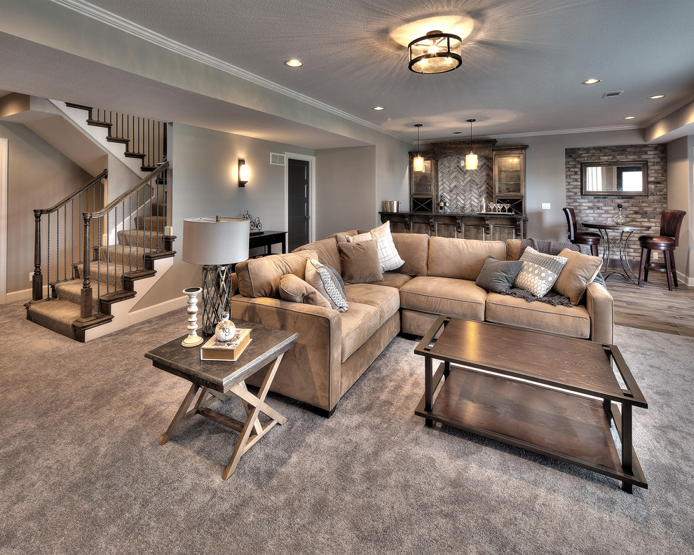 Inspiration for a large traditional walk-out basement in Kansas City with grey walls, carpet, a standard fireplace and a stone fireplace surround.