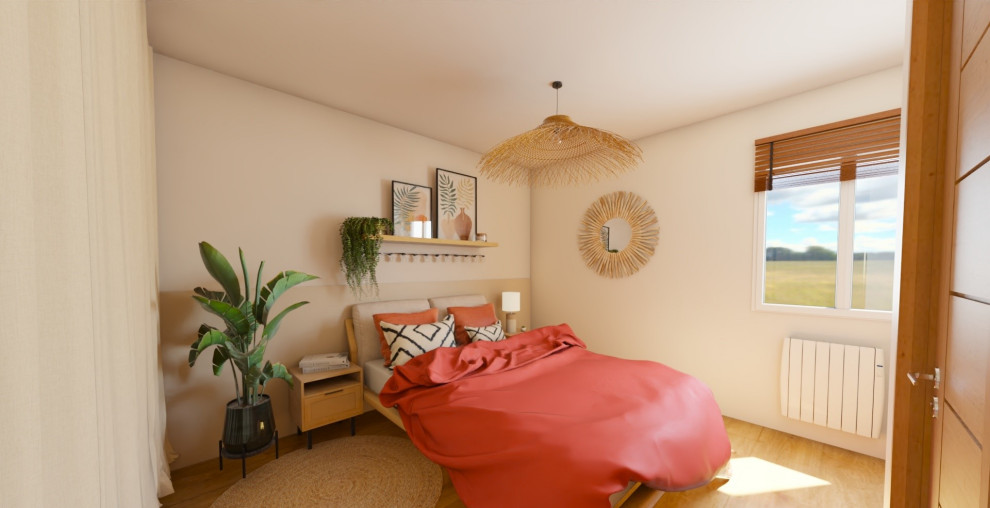 На фото: хозяйская спальня среднего размера в морском стиле с бежевыми стенами