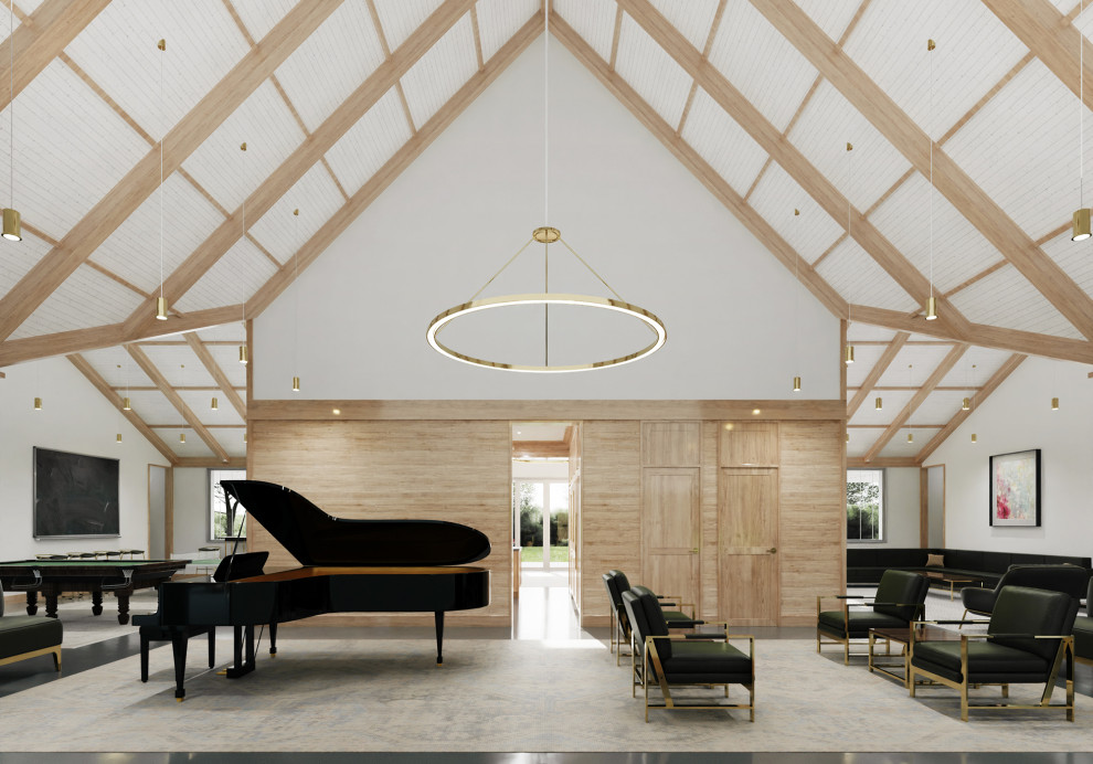 На фото: большая открытая гостиная комната в современном стиле с музыкальной комнатой, белыми стенами, бетонным полом, серым полом, сводчатым потолком и деревянными стенами