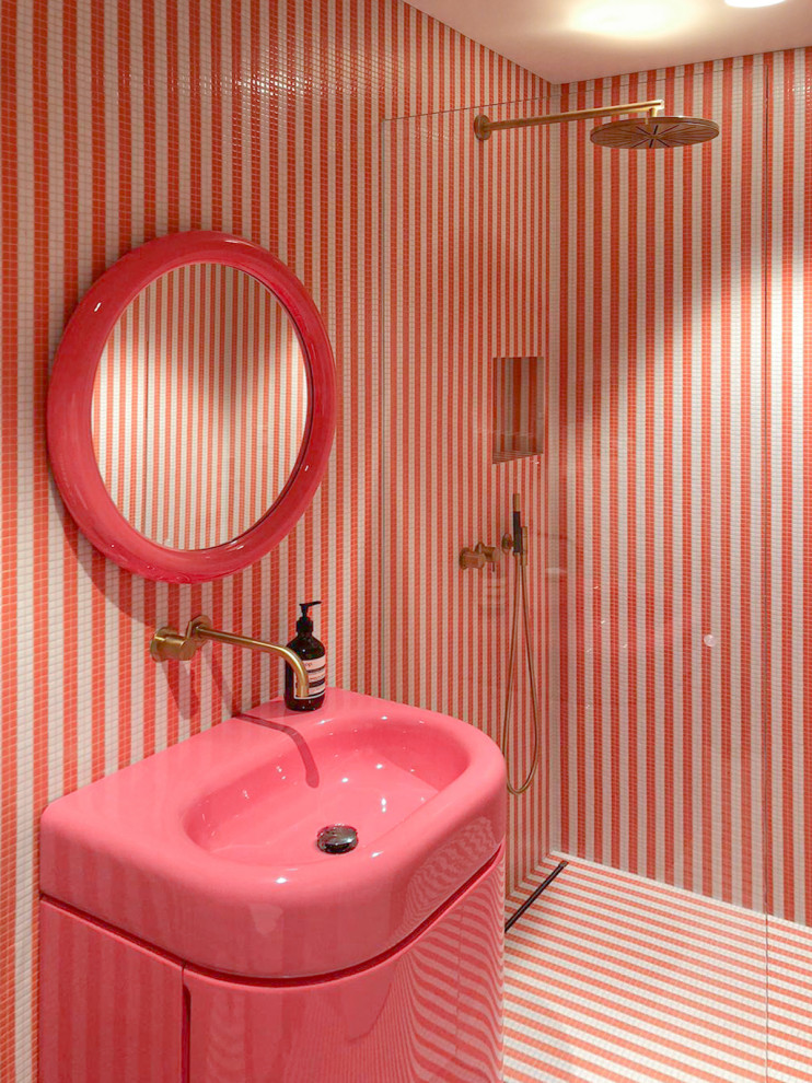 Inspiration for a mid-sized contemporary master bathroom in Berlin with flat-panel cabinets, a curbless shower, red tile, mosaic tile, red walls, mosaic tile floors, a vessel sink, red floor, an open shower, pink benchtops, a single vanity and a built-in vanity.
